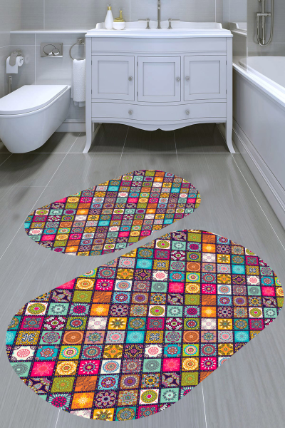 Simetrik Baklava Desenli 2′li Banyo Paspası (50x60 cm - 60x100 cm) - resmiro