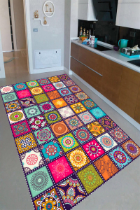 Simetrik Kare Desenli Dijital Baskılı Halı - 1