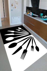 Siyah Beyaz Çatal Bıçak Desenli Dijital Baskılı Halı - Thumbnail