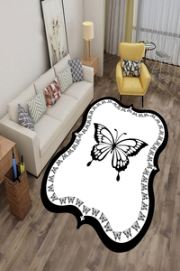Siyah Beyaz Dekoratif Kelebek Desenli Dijital Baskılı Halı - Thumbnail