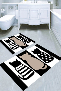 Siyah Beyaz Kediler 2li Banyo Paspası (50x60 cm - 60x100 cm) - Thumbnail