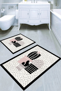 Siyah Çerçeve Kaktüs Desenli 2li Banyo Paspası (50x60 cm - 60x100 cm) - Thumbnail