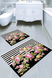 Siyah Çizgi Pembe Çiçek Desenli 2li Banyo Paspası (50x60 cm - 60x100 cm) - Thumbnail