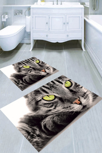 Siyah Kedi Desenli 2'li Banyo Paspası (50x60 cm - 60x100 cm) - Thumbnail