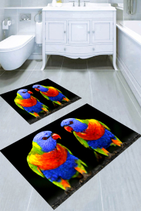 Siyah Zemin Renkli Papağan Desenli 2li Banyo Paspası (50x60 cm - 60x100 cm) - Thumbnail