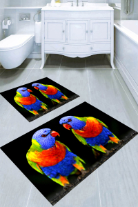 Siyah Zemin Renkli Papağan Desenli 2li Banyo Paspası (50x60 cm - 60x100 cm) - 3