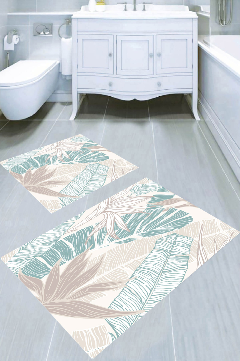 Soft Renkli Palmiye Yaprakları Çizimli 2li Banyo Paspası (50x60 cm - 60x100 cm)