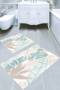 Soft Renkli Palmiye Yaprakları Çizimli 2li Banyo Paspası (50x60 cm - 60x100 cm) - Thumbnail