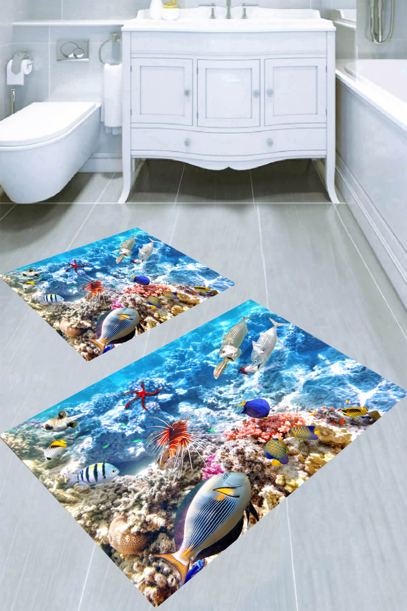 Su Altı Dünyası Desenli 2li Banyo Paspası (50x60 cm - 60x100 cm)