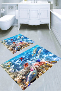 Su Altı Dünyası Desenli 2li Banyo Paspası (50x60 cm - 60x100 cm) - Thumbnail