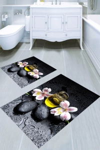 Su Damlaları ve Doğal Taş Desenli 2li Banyo Paspası (50x60 cm - 60x100 cm) - 3