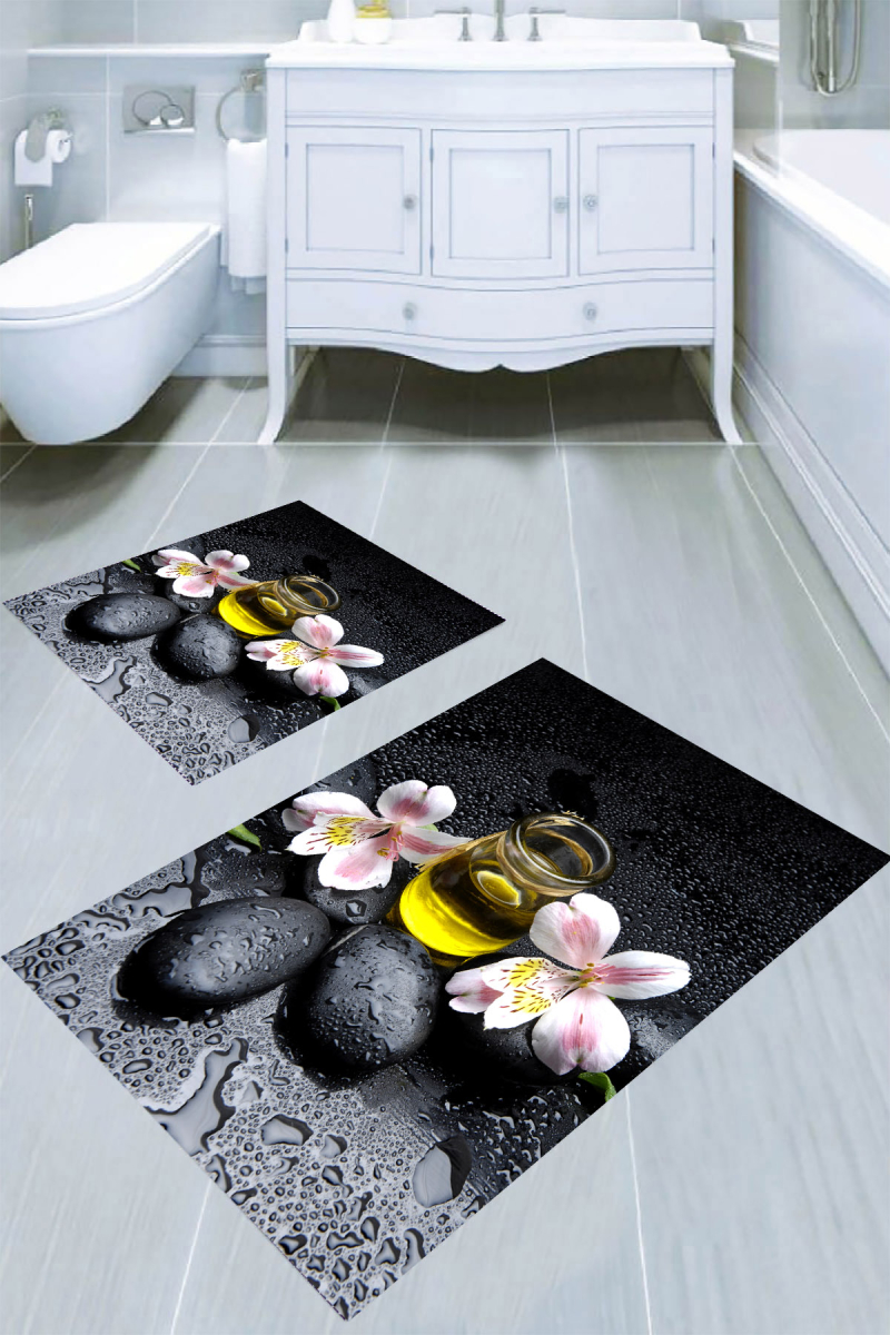 Su Damlaları ve Doğal Taş Desenli 2li Banyo Paspası (50x60 cm - 60x100 cm)