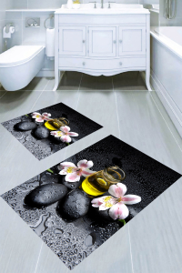 Su Damlaları ve Doğal Taş Desenli 2li Banyo Paspası (50x60 cm - 60x100 cm) - 1