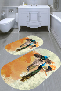 Sulu Boya Efektli Desenli 2'li Banyo Paspası (50x60 cm - 60x100 cm) - 1