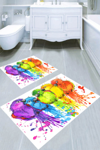 Sulu Boya Efektli Papağan Desenli 2li Banyo Paspası (50x60 cm - 60x100 cm) - 4