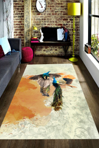 Sulu Boya Efektli Tavus Kuşu Desenli Dijital Baskılı Halı - 1