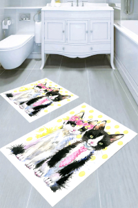 Süslü Kediler Desenli 2li Banyo Paspası (50x60 cm - 60x100 cm) - Thumbnail
