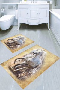 Tablotik Beyaz At Desenli 2'li Banyo Paspası (50x60 cm - 60x100 cm) - 1