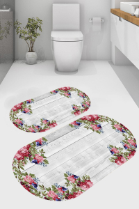 Tahta Çiçek Desenli 2'li Banyo Paspası (50x60 cm - 60x100 cm) - Thumbnail
