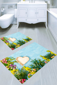 Tahta Kalp ve Çiçek Desenli 2li Banyo Paspası (50x60 cm - 60x100 cm) - Thumbnail
