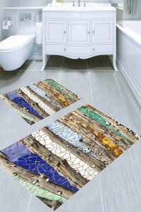 Tahta Mozaik Desenli 2li Banyo Paspası (50x60 cm - 60x100 cm) - Thumbnail