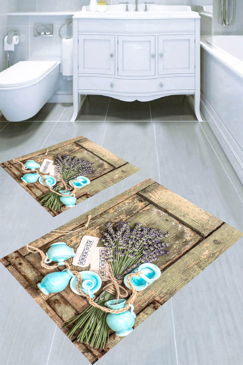 Tahta ve Lavanta Desenli 2li Banyo Paspası (50x60 cm - 60x100 cm)