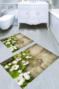 Tahta Zemin Beyaz Çiçek Desenli 2li Banyo Paspası (50x60 cm - 60x100 cm) - 1