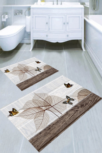 Tahta Zeminli Sonbahar Yaprakları Desenli 2li Banyo Paspası (50x60 cm - 60x100 cm) - 4
