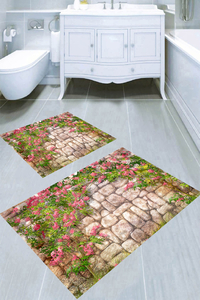 Taş ve Sarmaşık Çiçekler Desenli 2'li Banyo Paspası (50x60 cm - 60x100 cm) - 3