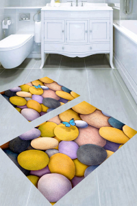 Taşlardaki Kelebek Desenli 2li Banyo Paspası (50x60 cm - 60x100 cm) - 1