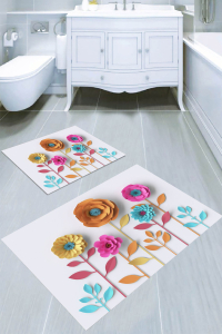 Üç Boyutlu Çiçek Desenli 2li Banyo Paspası (50x60 cm - 60x100 cm) - Thumbnail