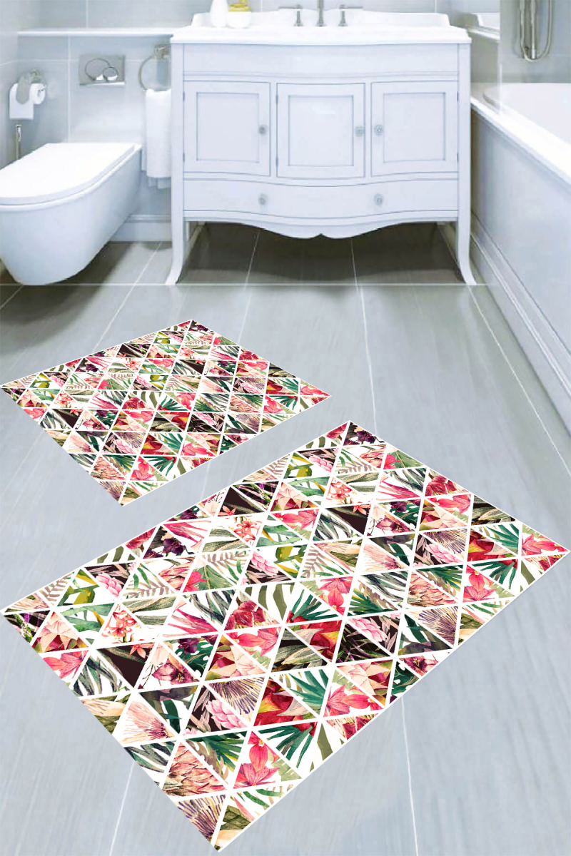 Üçgen Yaprak Motifleri Desenli 2li Banyo Paspası (50x60 cm - 60x100 cm)
