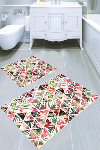 Üçgen Yaprak Motifleri Desenli 2li Banyo Paspası (50x60 cm - 60x100 cm) - 1