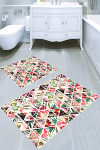 Üçgen Yaprak Motifleri Desenli 2li Banyo Paspası (50x60 cm - 60x100 cm) - 3