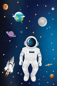 Uzaydaki Astronot Desenli Dijital Baskılı Halı - Thumbnail