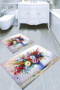 Vazoda Pastel Renk Çiçek 2li Banyo Paspası (50x60 cm - 60x100 cm) - Thumbnail