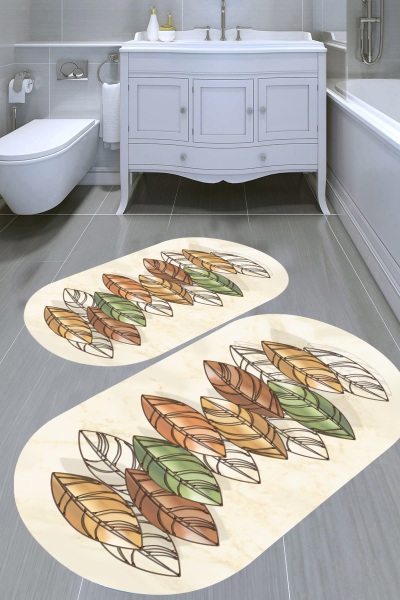 Yaprak Desenli 2'li Banyo Paspası (50x60 cm - 60x100 cm) - resmiro