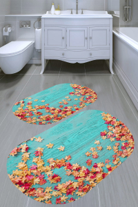 Yapraklı Tahta Desenli 2'li Banyo Paspası (50x60 cm - 60x100 cm) - Thumbnail