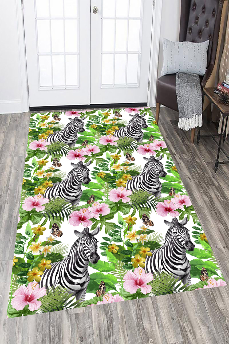Zebra Çiçek ve Kelebek Desenli Dijital Baskılı Halı