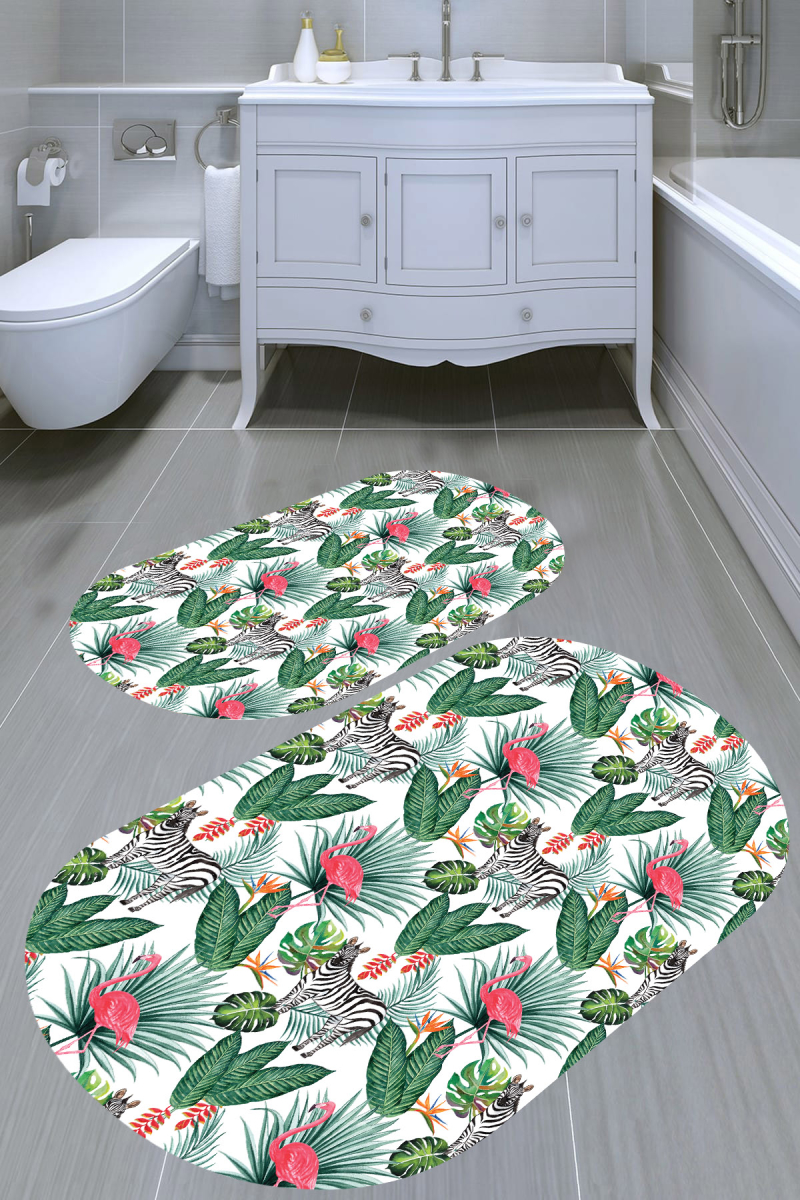 Zebra Ve Flamingo Desenli 2'li Banyo Paspası (50x60 cm - 60x100 cm)